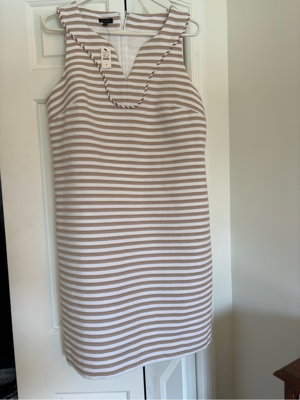 Talbots NWT Striped V-Neck Sheath Dress Braided Trim Tan Ivory Size 8